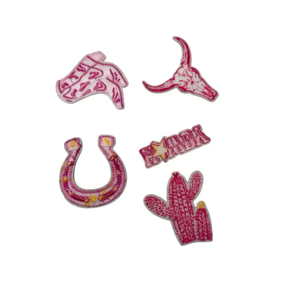 Iron On Patch Set - Pink Cowboy Cowgirl Theme Boots Horseshoe Howdy 5 Pcs